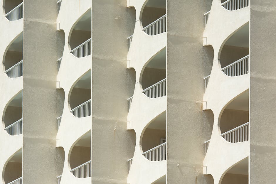 Abstract facade view of a modern building in La Grande-Motte, showcasing unique geometric design.